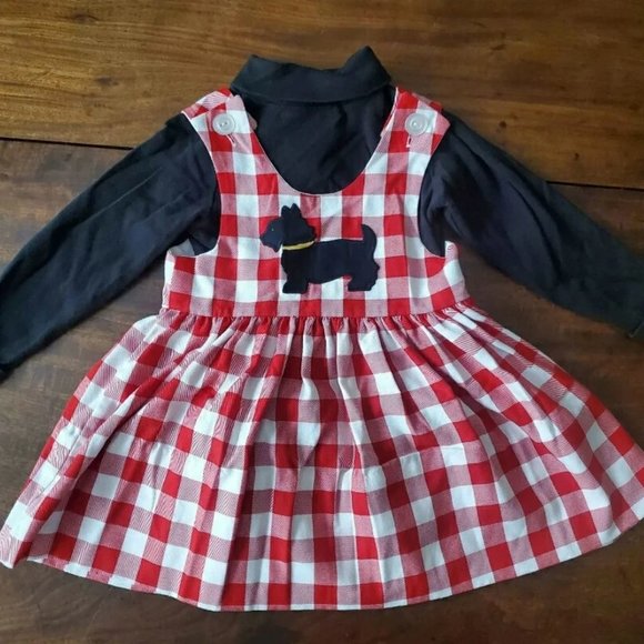 Vintage 2T Kelly Kids Red White Plaid Scottt Dog Jumper Dress Janie Jack Romper